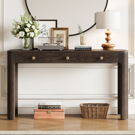 TREXM Rustic Console Table With Curved Corners For Safety Entryway Table With 3 Concealed Drawers Sturdy Sofa Table With Thick Legs For Hallway & Living Room Espresso