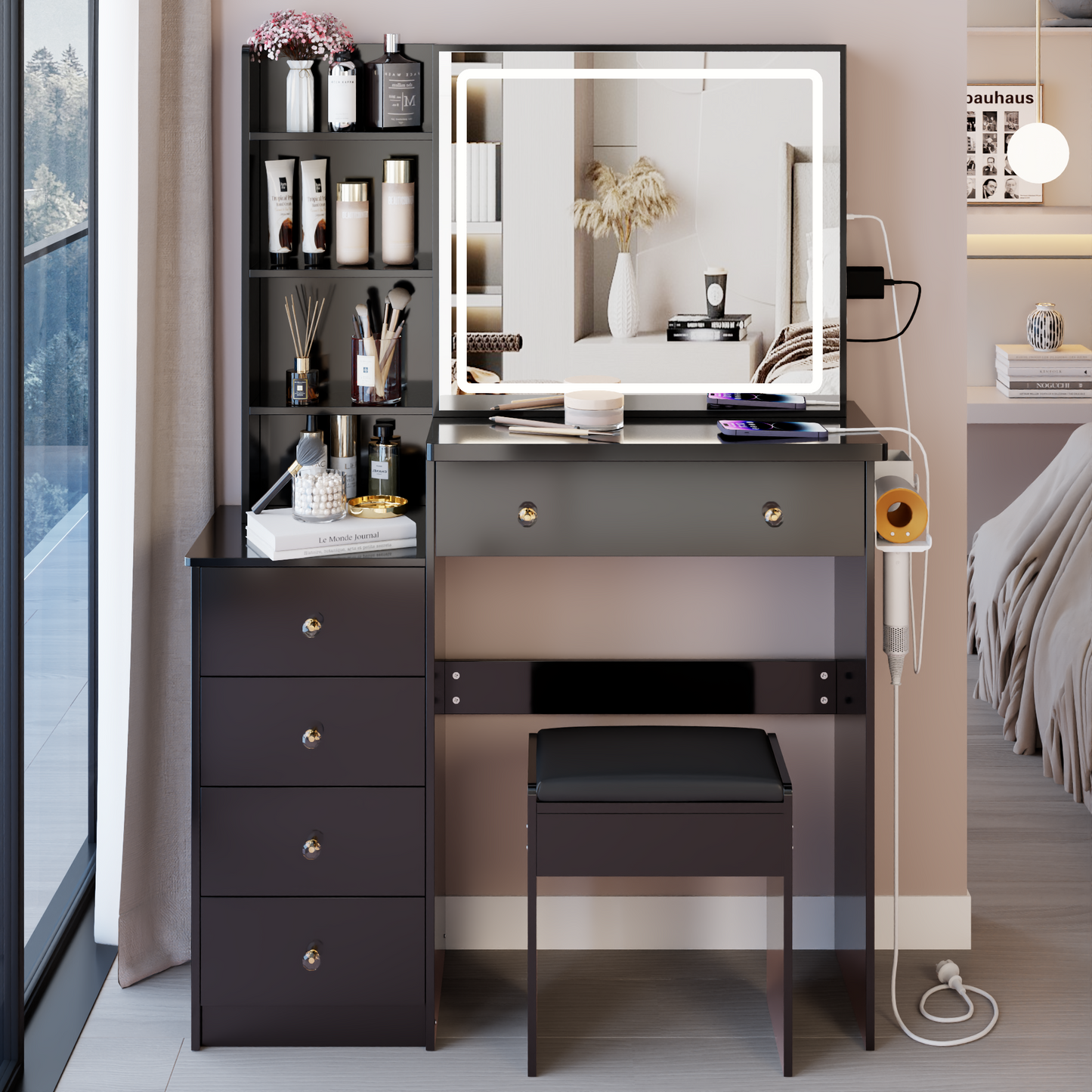 37 Middle Size Left Bedside Cabinet Vanity Table Cushioned Stool Dresser Set, 2 AC -2 USB Socket, Hair Dryer Stand, Large Touch Control LED Sliding Mirror, 3-color Switch, EPA, GCC, UL Certificate