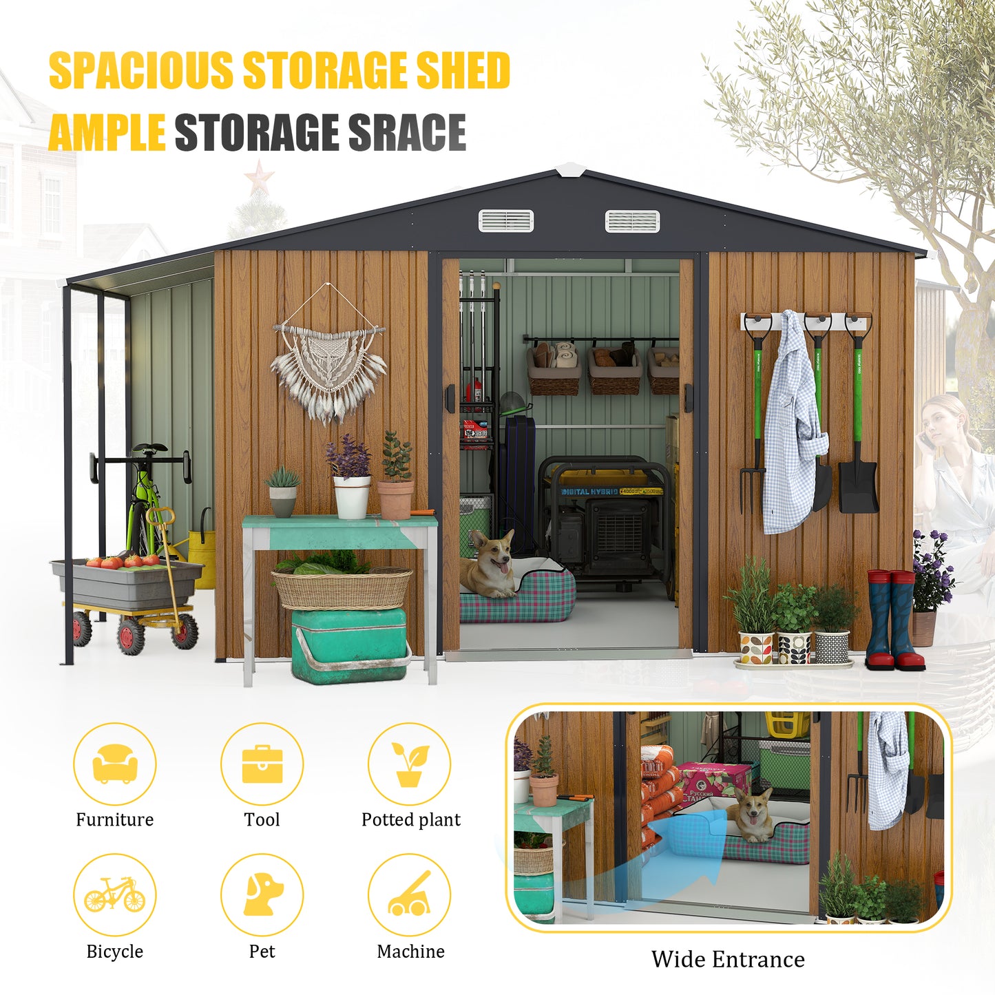 10x12 Ft Outdoor Storage Shed, Extra Large Metal Shed With Lockable Doors, Windows, Outside Steel Tiny House Ideal For Garden, Backyard, Patio Utility, Tool Storage, Chicken Coops