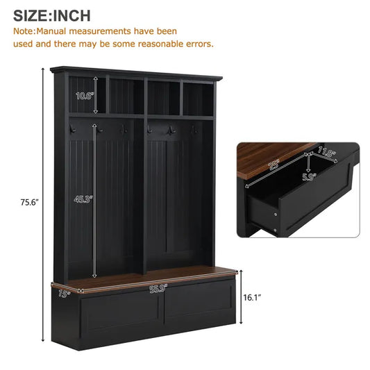 Farmhouse 4-in-1 Hall Tree With Wood Grain Bench, Mudroom Versatile Coat Rack With 2 Large Drawer, Entrance Organizer For Hallway, Living Room, Black, 55.9'W