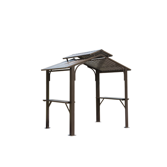 8x5FT Hardtop Grill Gazebo, Outdoor BBQ Gazebo W Galvanized Steel Double Roof, Permanent Sun Shade Grill Canopy Shelter With 2 Side Shelves And Ceiling Hook For Patio Deck Yard Garden Brown