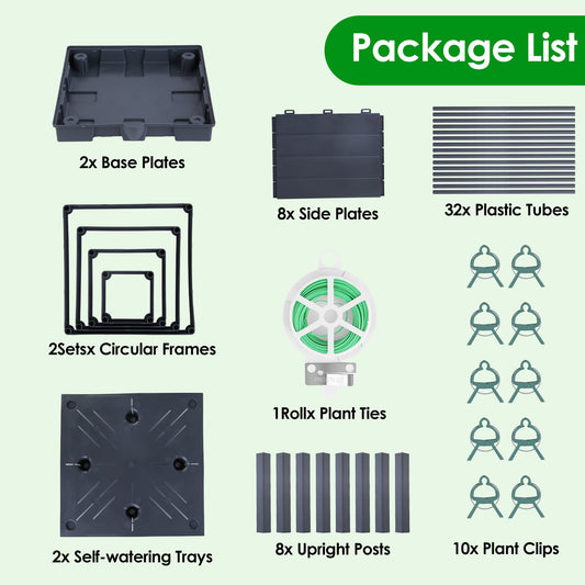 2Pack Raised Garden Bed Boxes With Trellis For Spring Decoration 56in Tomato Self-Watering Planter Box Indoor Outdoor With 4 Adjustable Heights 10 Clips 65FT Ties For Climbing Vegetables Flowers Vines