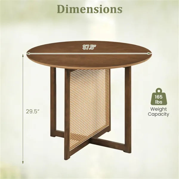 37.5" Round Dining Table For 2-4 People, Mid-Century Modern Kitchen Table With PE Rattan & Rubber Wood Legs