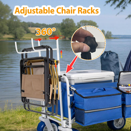 Beach Wagon Cart With Chair Racks And 9 All- Terrain Wheels 500lbs Heavy Duty Collapsible Folding Wagon Adjustable Handle Cooler & Storage Bags For Beach Camping Garden & Outdoor Sports Blue