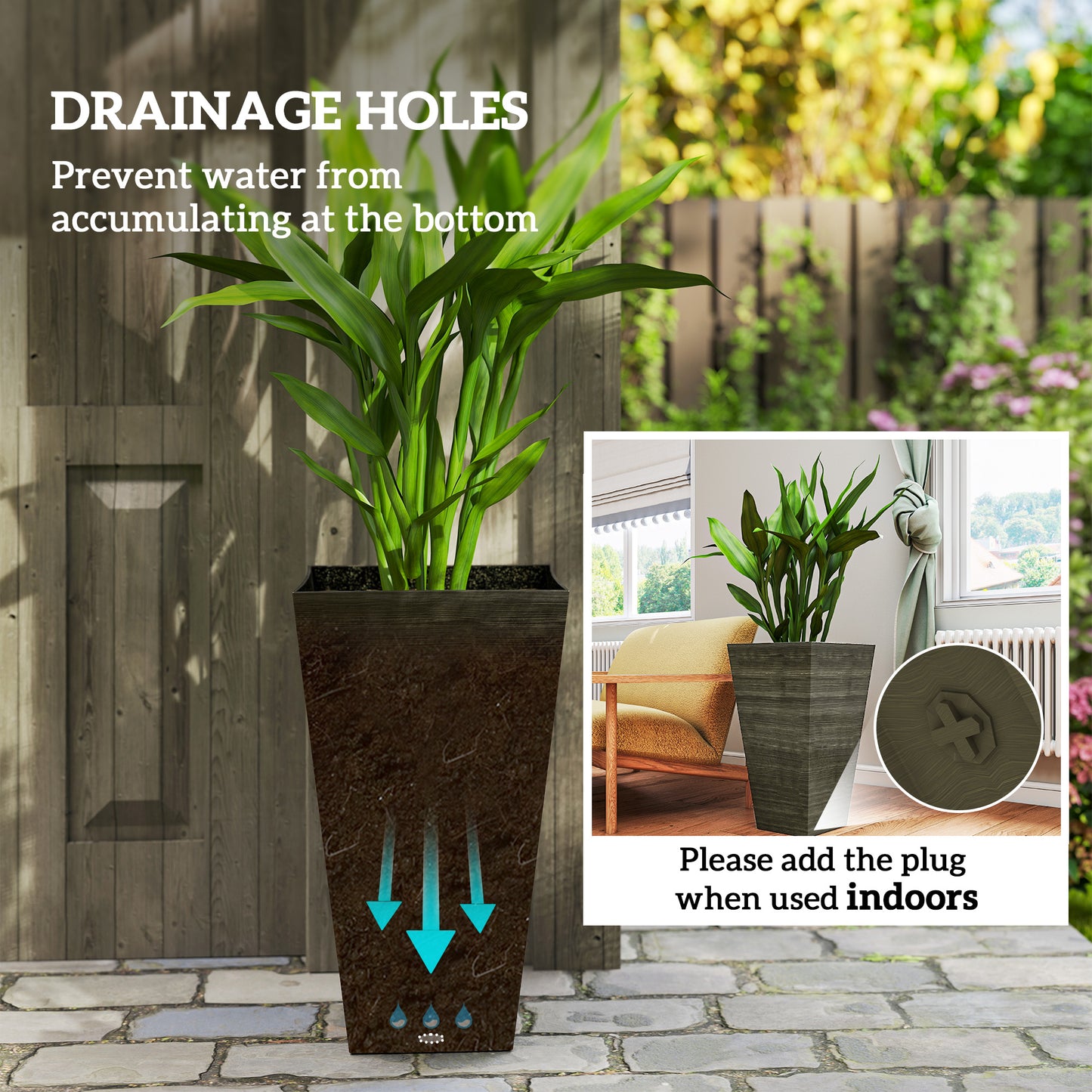 Set Of 3 Tall Planters, 28" Outdoor Planter W/ Drainage Holes, Faux Wood Plastic Flower Pots, Dark Brown