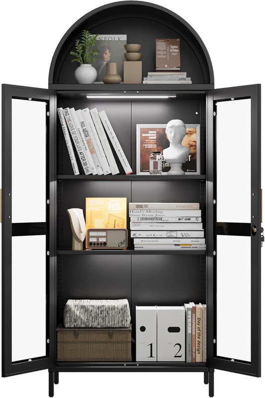 Metal Arched Cabinet With LED Strips, Arch Display Bookcase With Glass Doors, Modern Freestanding Kitchen Pantry Storage Cabinet For Living Room, Dining Room, Home Office, Assembly Required Black