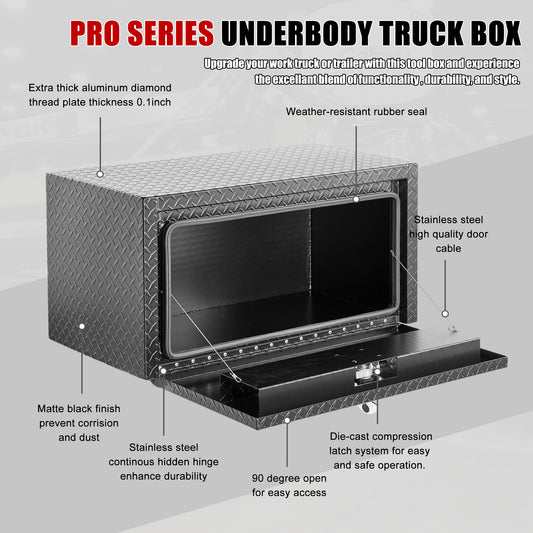 36 Inch Aluminum Underbody Truck Tool Box Heavy Duty Underbed Toolbox Tool Storage Organizer Chest With Lock And Keys, Waterproof Trailer Box, Extra Thick Diamond Thread Plate Matte Black Finish