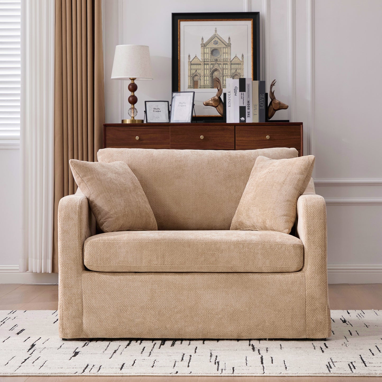 43.9 Wide Modern Upholstered Farmhouse Performance Accent Chair With Black Metal Legs, Chenille Reading Armchair Single Sofa With Two Bolster Pillows For Living Room Offices And Lounge,Wheat