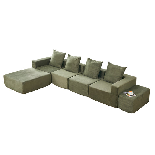 4-Seat Modular Sofa Sectional With Oversized Chaise & Ottomans - Cloud Couch In Soft Corduroy Fabric For Small Spaces, Living Room, Apartment Green