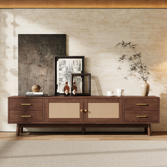 70inch Modern TV Stand With Rattan Doors For TVs Up To 80 , Media Console With Storage Space, 4 Drawers & Cable Holes, Entertainment Center For Living Room
