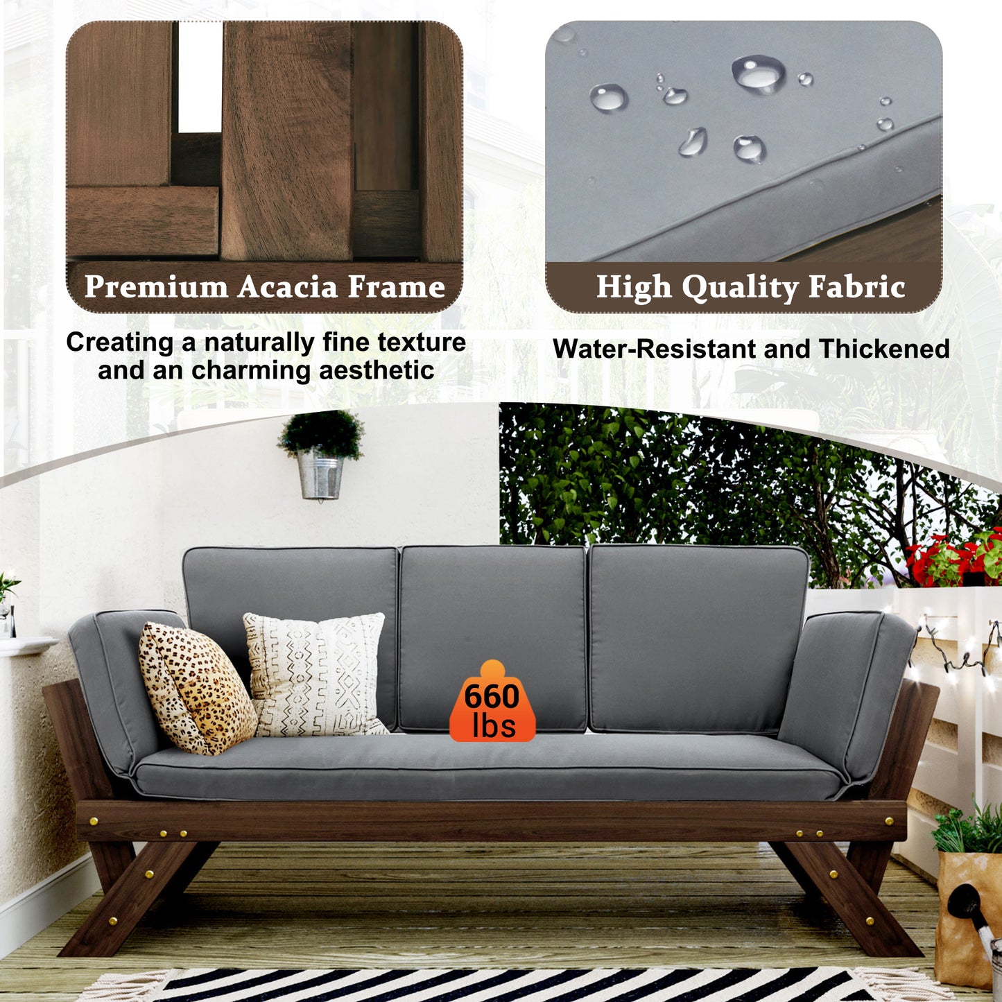 TOPMAx Outdoor Adjustable Patio Wooden Daybed Sofa Chaise Lounge With Cushions For Small Places Brown Finish Gray Cushion