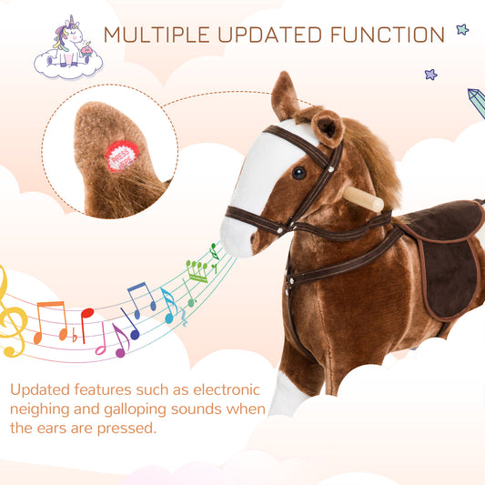Kids Plush Toy Rocking Horse Pony Toddler Ride On Animal For Girls Pink Birthday Gifts With Realistic Sounds, Brown