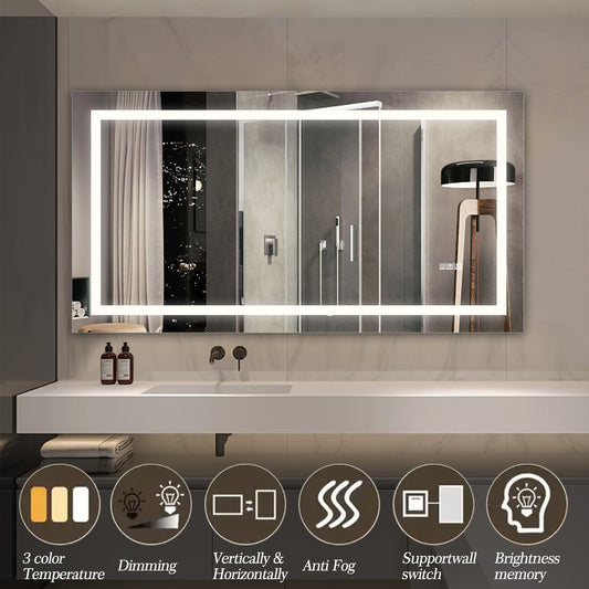60 X 32 LED Bathroom Mirror With Anti-Fog And Touch Sensor - Modern Frameless Lighted Wall Mirror For Bathroom Vanity, Shower Room, Or Dressing Area