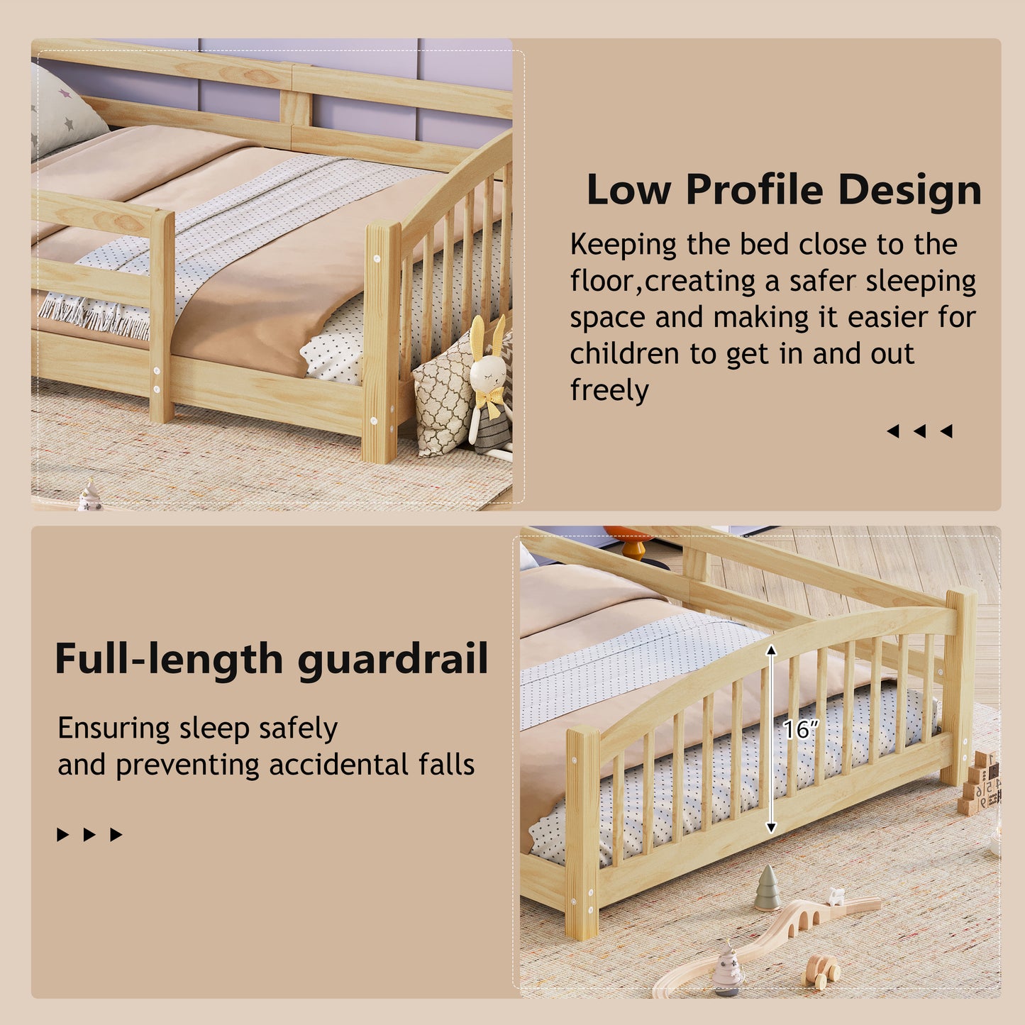 Twin Montessori Floor Bed With Slats And Safety Guardrails, Solid Wood Floor Bed With Fence And Without Door, Easy Assemble Montessori Bed For Girls And Boys, Natural