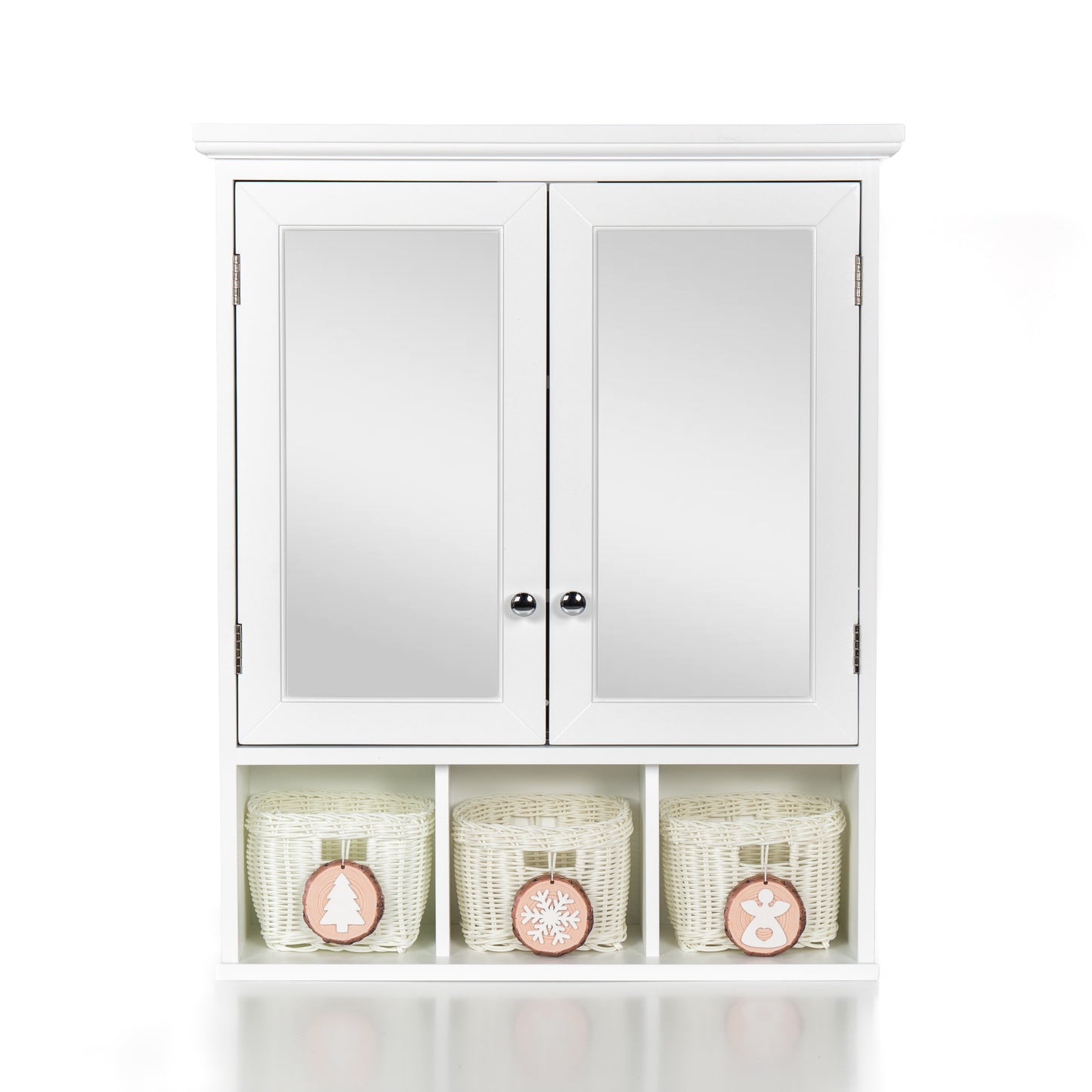 Bathroom Storage Cabinet, Medicine Cabinets For Bathroom With Mirror, 2 Doors 2 Adjustable Shelf 3 Christmas Style Storage Basket, White Wood Cabinet Wall Mounted For Bathroom Laundry Room Kitchen