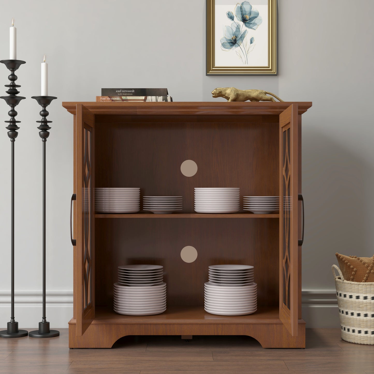 34.37X 15.55X 34.06in Spacious Size Sideboard 2 Clear Tempered Glass Doors Buffet With Adjustable Shelf, MDF With Dark OAK Decorative Laminates Storage Cabinet For Dinning Room, Kitchen,living Room