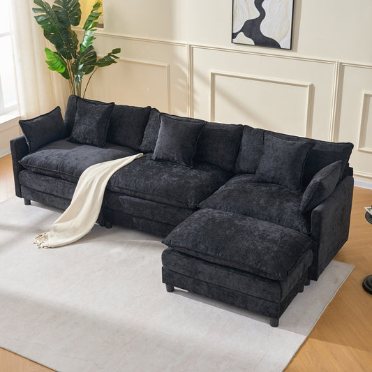 108 L Shaped Modern Sofa Modular Sectional Cloud Couch With Ottoman, 4 Seat Chenille Deep Seat Sofa With Pillow For Living Room, Bedroom And Apartment