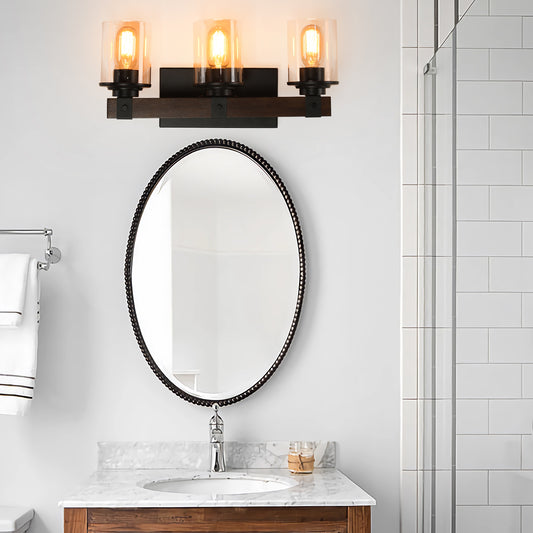 19in Rustic 3-Light Vanity Light, Industrial Bathroom Wall Sconce With Glass Shades And Wood Accent, Modern Farmhouse Lighting Fixture No Bulbs