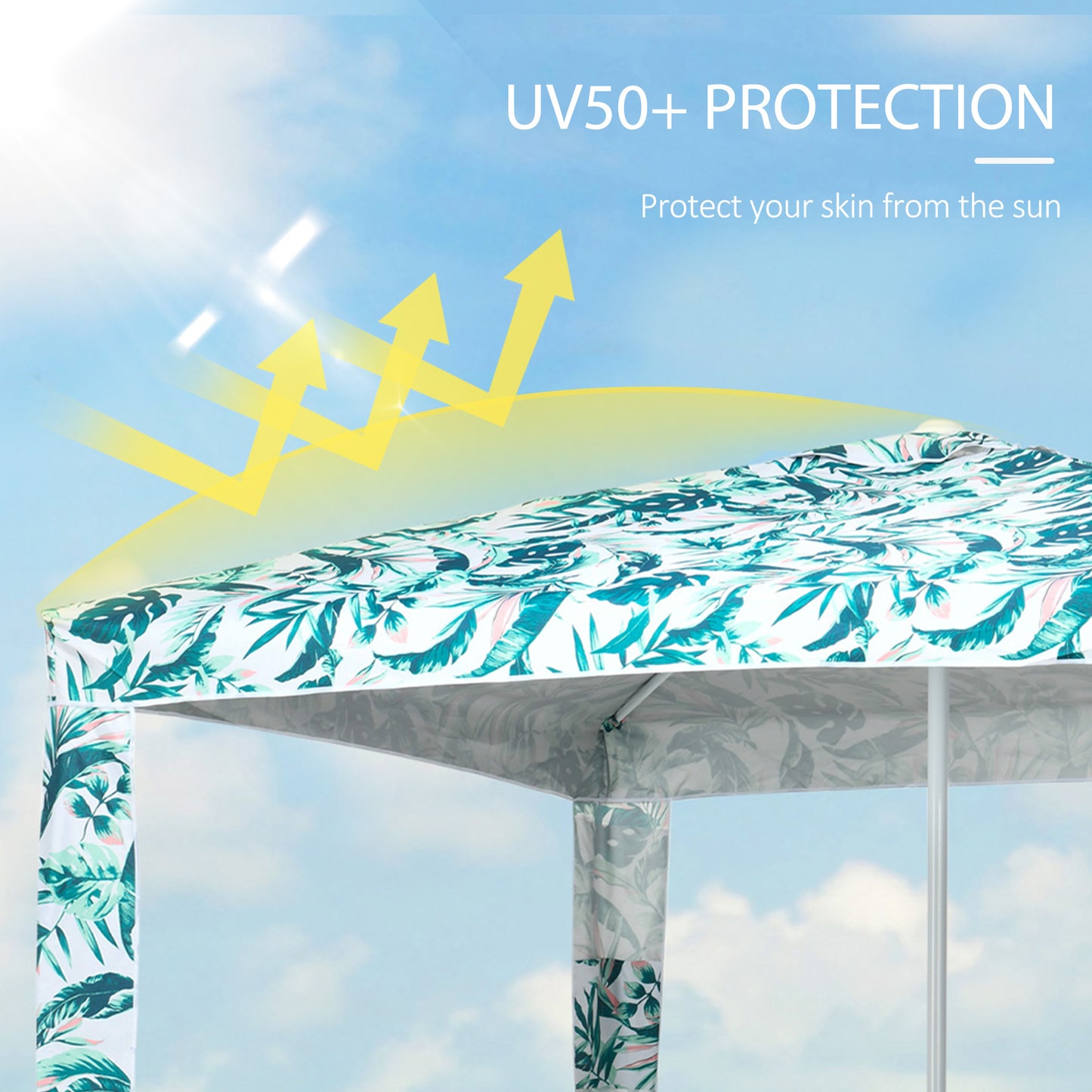 Quick Beach Cabana Canopy Umbrella, 6.5' Easy-Assembly Sun-Shade Shelter With Sandbags And Carry Bag, Cool UV50+ Fits Kids & Family, Green Coconut Palm
