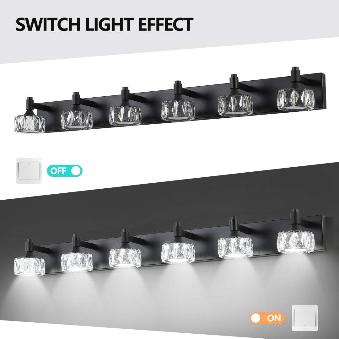 Modern 6-Light Matte Black LED Vanity Light Fixture With Crystal Glass Shades, Bathroom Wall Sconce For Elegant And Contemporary Home Decor