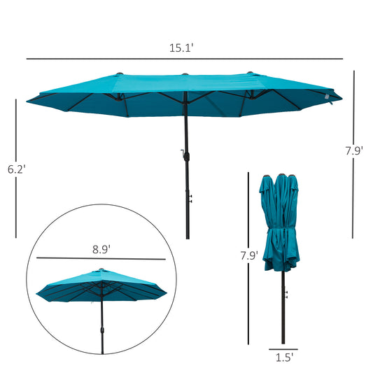 Patio Umbrella 15ft Double-Sided Outdoor Market Extra Large Umbrella With Crank Handle For Deck, Lawn, Backyard And Pool, Blue
