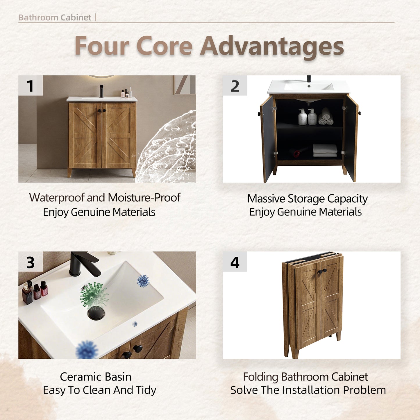 30inch Golden Oak Folding Floor Cabinet With Ceramic Sink- Patented 1-Minute Install Space-Saving & Easy Assemble American Style