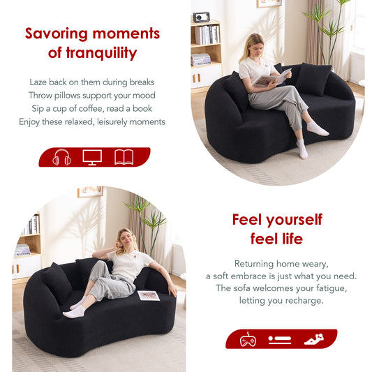 LY-049S Curved Modern Boneless Sofa Loveseat Backrest Upgrade 2-Seater Black Chenille Compression Couch With 3 Pillows Minimalist Modular Couches For Living Room Office Apartment Guest Room