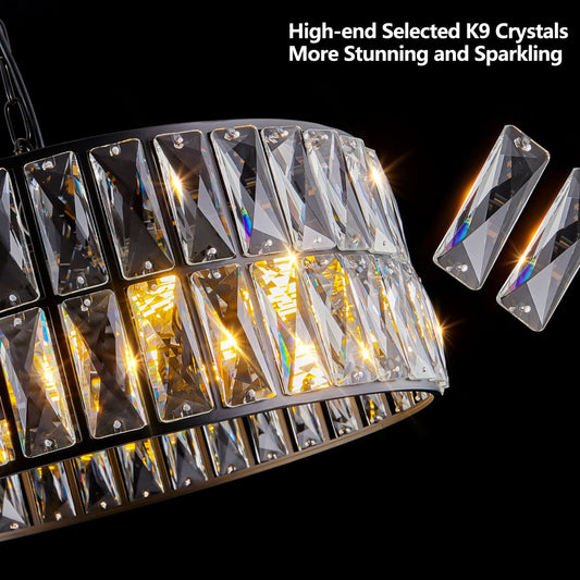 18 Black Modern Crystal Drum Chandelier, 6-Light Pendant Lighting Fixture With Metal Frame For Living Room, Dining Room, And Bedroom Bulbs Not Included
