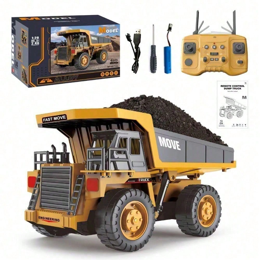 1 20 Premium 2.4G RC Alloy Dump Truck With 13 Channels, Lights, Sounds, And Rechargeable Battery, A Fun Parent Child Activity For Boys, Kids, And Families.