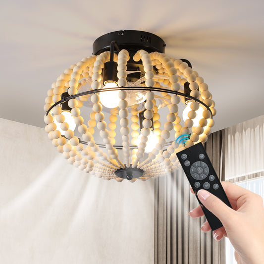 18 Bohemian Wood Beaded Ceiling Fan With Light, Flush Mount Caged Ceiling Fan, Rustic Farmhouse Low Profile Fan Light Fixture For Indoor Home Decor Silent 6-Speed Reversible DC Motor No Bulbs