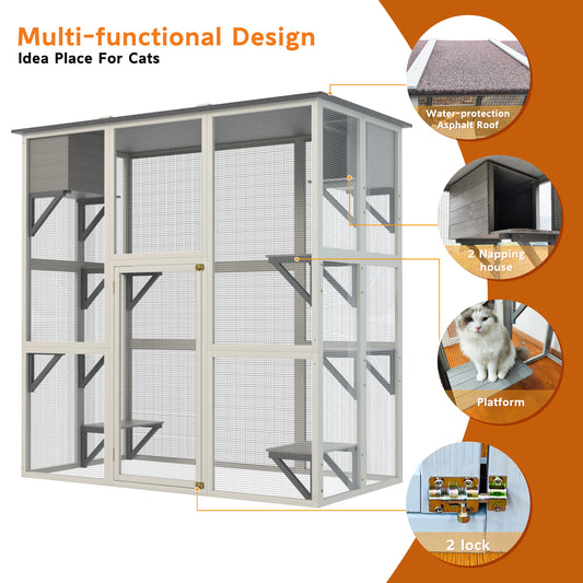 Gray Wooden Outdoor Catio Cat Enclosure With Weatherproof Asphalt Roof, Large Walk-in Cat House With 6 Platforms & 2 Napping Boxes, Solid Wood Cat Cage Kennel Condo Playpen For Patio