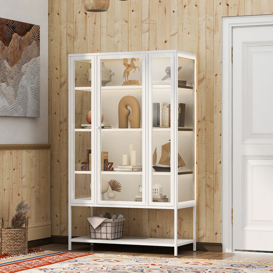 67.25 Tall Iron Display Cabinet With Glass Door And LED Lights Steel Curio Cabinet For Collectibles Figures Trophies 3-Sided Glass Display Case For Home Office Study Room Stores Playroom - White