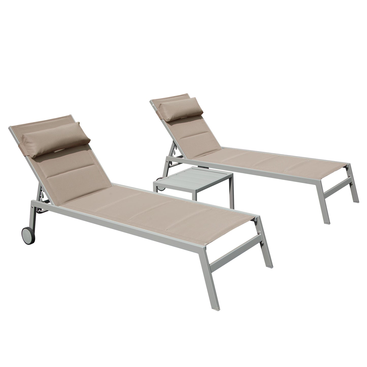 Outdoor Patio Chaise Lounge Set Of 3, Aluminum Pool Lounge Chairs With Side Table And Wheels, Textilene Padded Adjustable Recliner All Weather For Poolside, Beach, Yard, Balcony Khaki