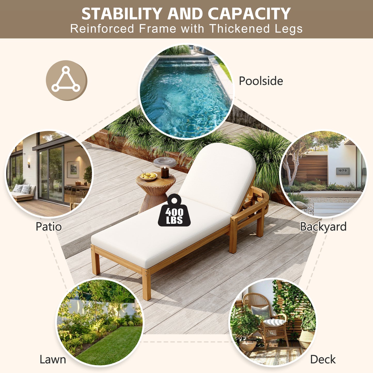 TREXM Outdoor Chaise Lounge Premium Acacia Wood Patio Recliner With Arched Backrest 5-Position Adjustable Backrest Outdoor Lounge Chair For Poolside Deck & Lawn Light Teak