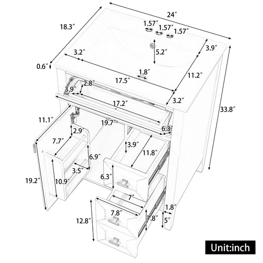 24'' Green Bathroom Vanity With Sink, MDF & Rubberwood Construction, 3 Drawers & Cabinet With 2-Tier Door Storage Rack, Soft-Close Door & Drawers, Modern Design For Small To Medium Bathrooms