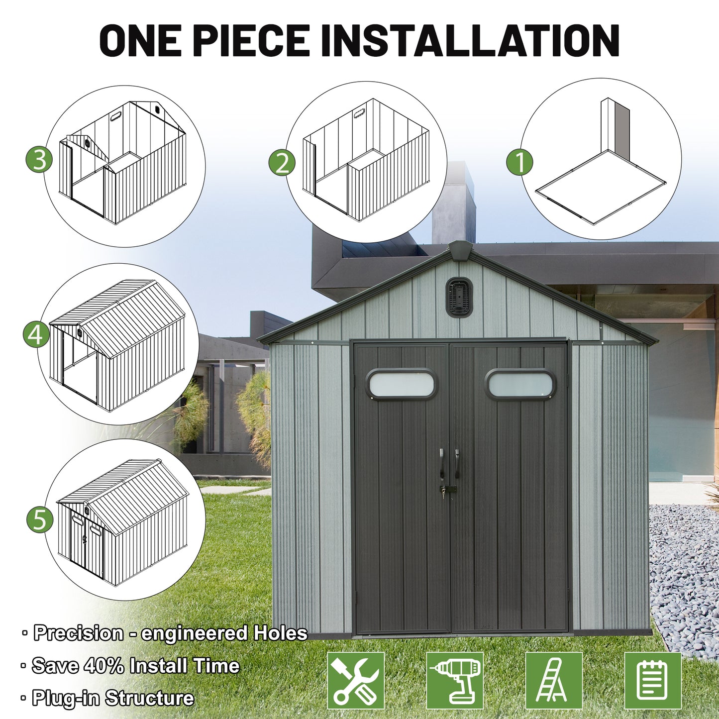 8X10FT Outdoor Resin Storage Shed, Waterproof Plastic Garden Shed With Lockable Door, Windows & Vents, Outside Tool Storage Shed For Patio Furniture, Lawn Mower, Bike