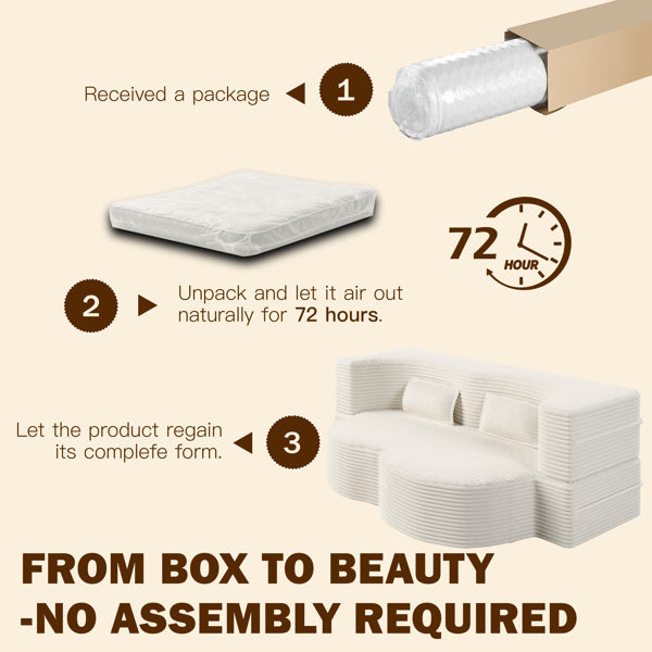Modern Floor Sofa With 2 Pillows,Convertible Corduroy Fabric Foam-Filled Sleeper Sofa Bed,15' Twin Size Folding Mattress For Living Room,Guest Bed,Playroom,no Assembly Required,Beige&White
