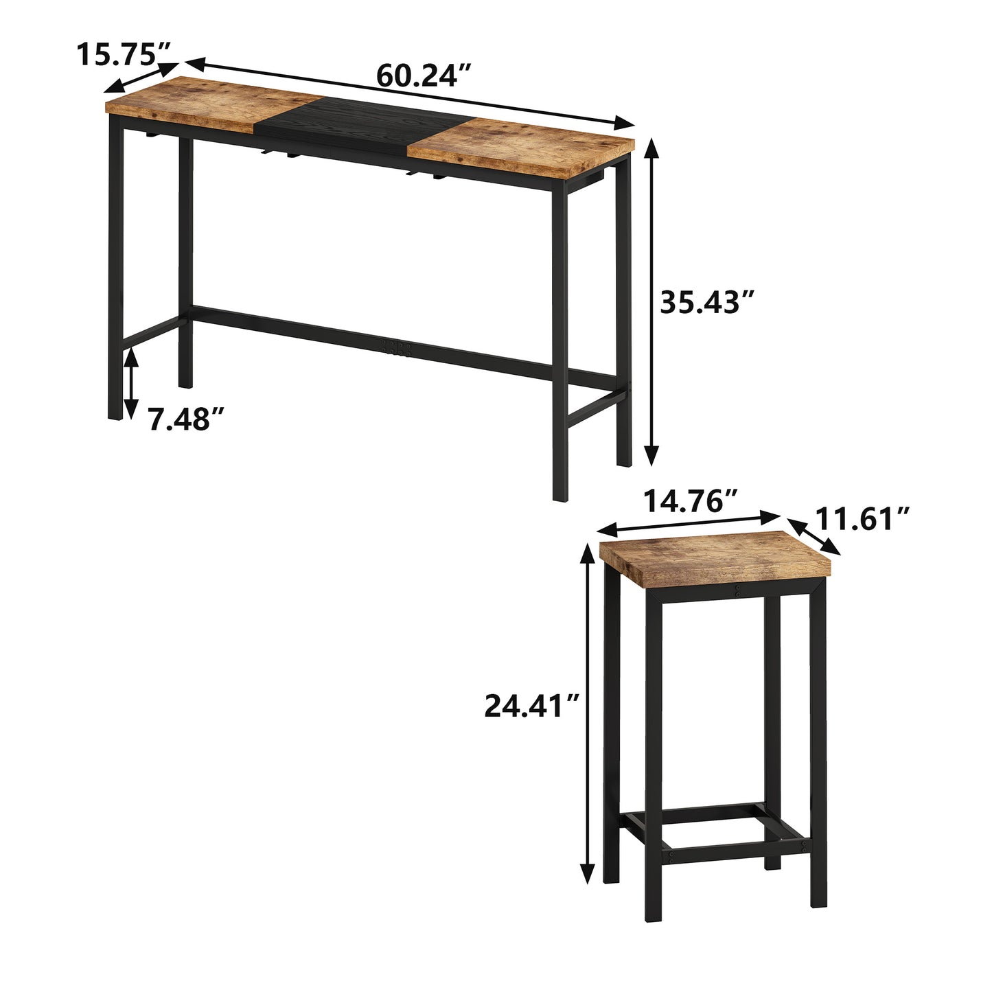 Modern Design Kitchen Dining Table, Pub Table, Long Dining Table Set With 3 Stools, Convenient Hanging Stool Design, Natural Black,
