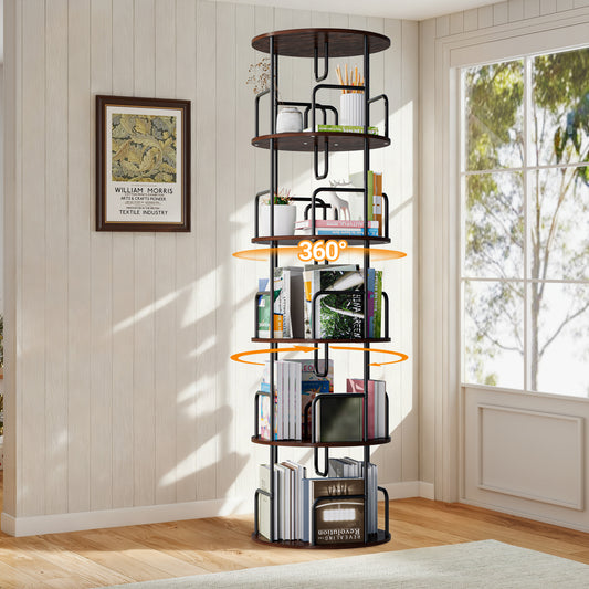 Rotating Bookshelf Tower 5 Tier Spinning Bookcase Revolving 360 Book Shelf Narrow Tall Bookcase Vertical Turning Round Storage Bookshelf Book Shelf Organizer For Bedroom Living Room Brown