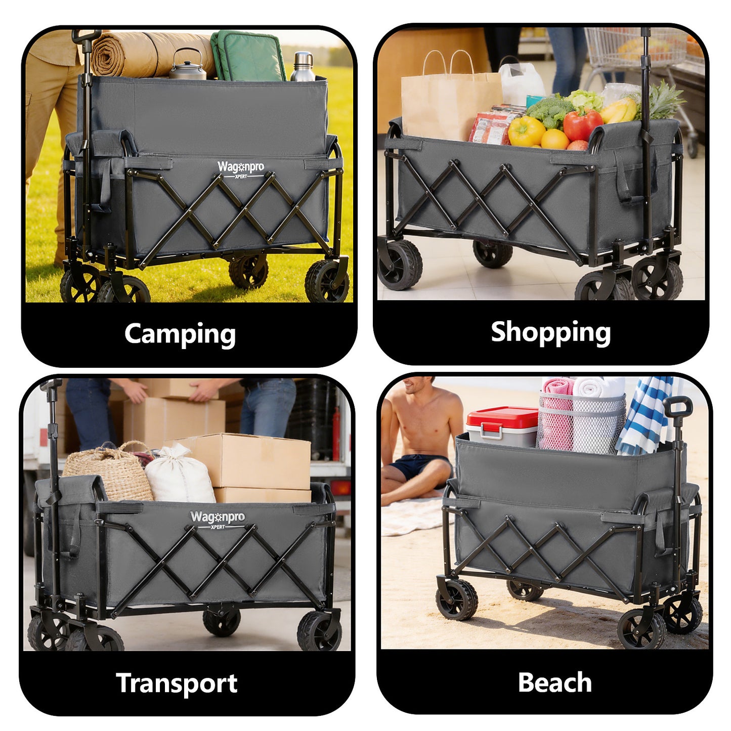Upgraded 5x2 Wide Wheels- Expandable Dual- Layer Utility Wagon With Extra Space 220lbs Capacity Grocery Cart For Camping Shopping Sports Gardening Fishing Gray