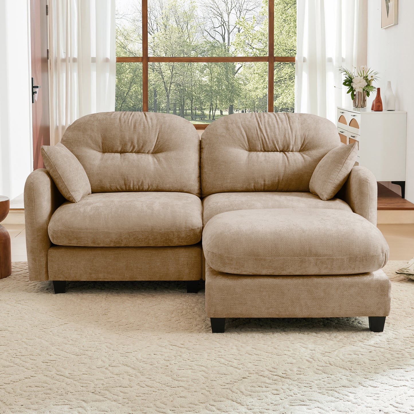 Cloud Sectional L-Shaped Couch With Ottoman,Soft Chenille Fabric,Quilted Pleated Design High-Density Foam,Fits Bedrooms Living Rooms Reading Nooks,Camel