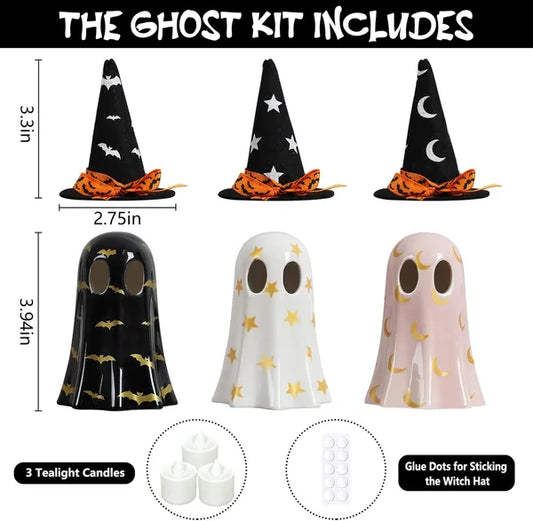 Halloween Decor Indoor, Set Of 3 Ceramic Ghosts With Witch Hats, Cute Spooky Ghost Figurines For Mantel, Shelf & Tabletop Decor, Halloween Decorations