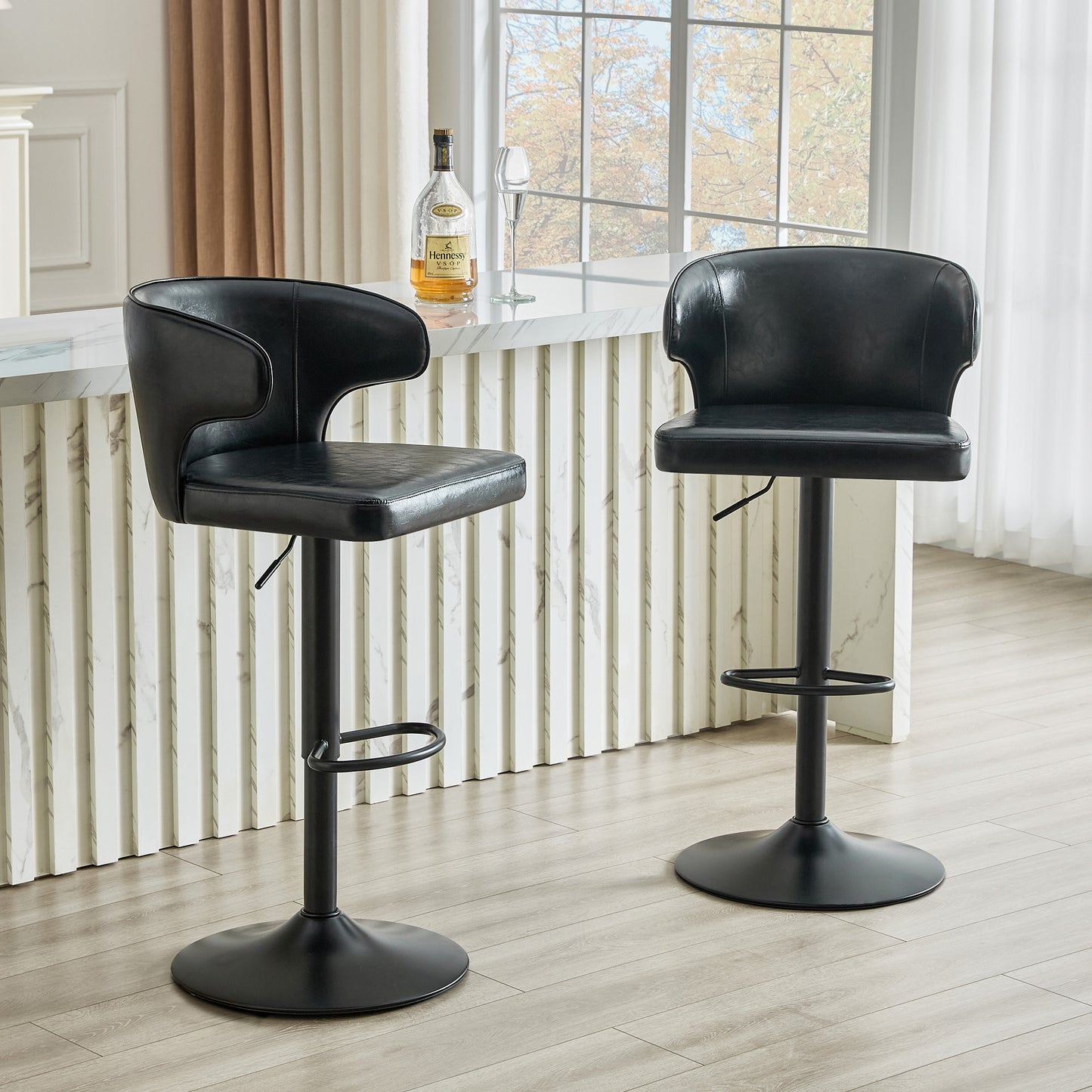 Modern Rotating Adjustable Bar Chair, Oil Wax Belt Backrest Swivel Chair, Suitable For Kitchen Bar Counter And Dining Room, Adjustable Height, Capable Of Bearing 300 Pounds Black -2 Pieces