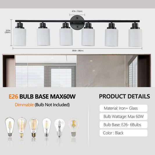39 Modern 6-Light Vanity Bathroom Mirror Light, Frosted White Glass With Black Iron Frame, Contemporary Wall Sconce For Bedroom, Bathroom, And Dressing Room No Bulbs