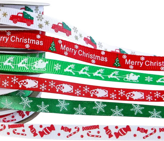 60 Yards 3/8" Christmas Ribbon For Crafts, White Red And Green Holiday Grosgrain Ribbon Christmas Ribbon For Gift Wrapping Festival Holiday Party Hair Bow Clips DIY Crafts Decoration (6 Rolls)