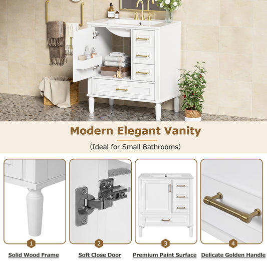 30 Bathroom Vanity With Ceramic Sink, Soft-Close Door With Built-in Shelf, Deep Drawer, Standard Drawer, Long Divider Drawer, Ample Storage Cabinet For Bathroom, Modern & Functional Design