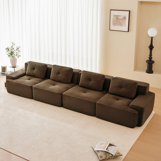 153 Modern Modular Sectional Sofa For Living Room, Corduroy Fabric,4-Seater Couch With Deep Seat, Pearl-like Piping, Tufted Design, Buckle Connection, No Assembly, Anti-slip Design, Brown