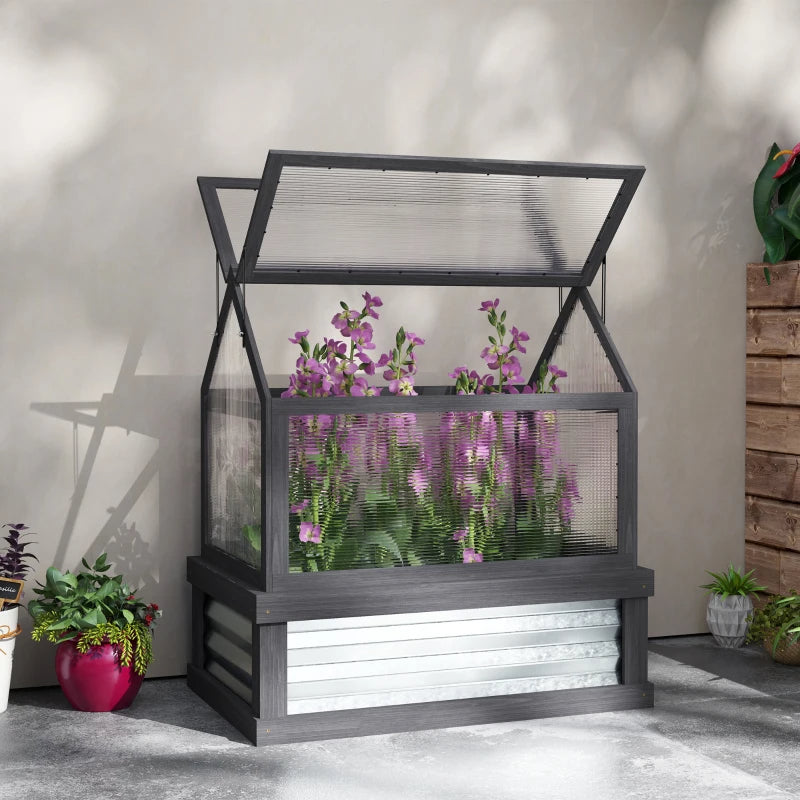 Outsunny Raised Garden Flower Bed Kit With Greenhouse, Wooden Cold Frame Planter