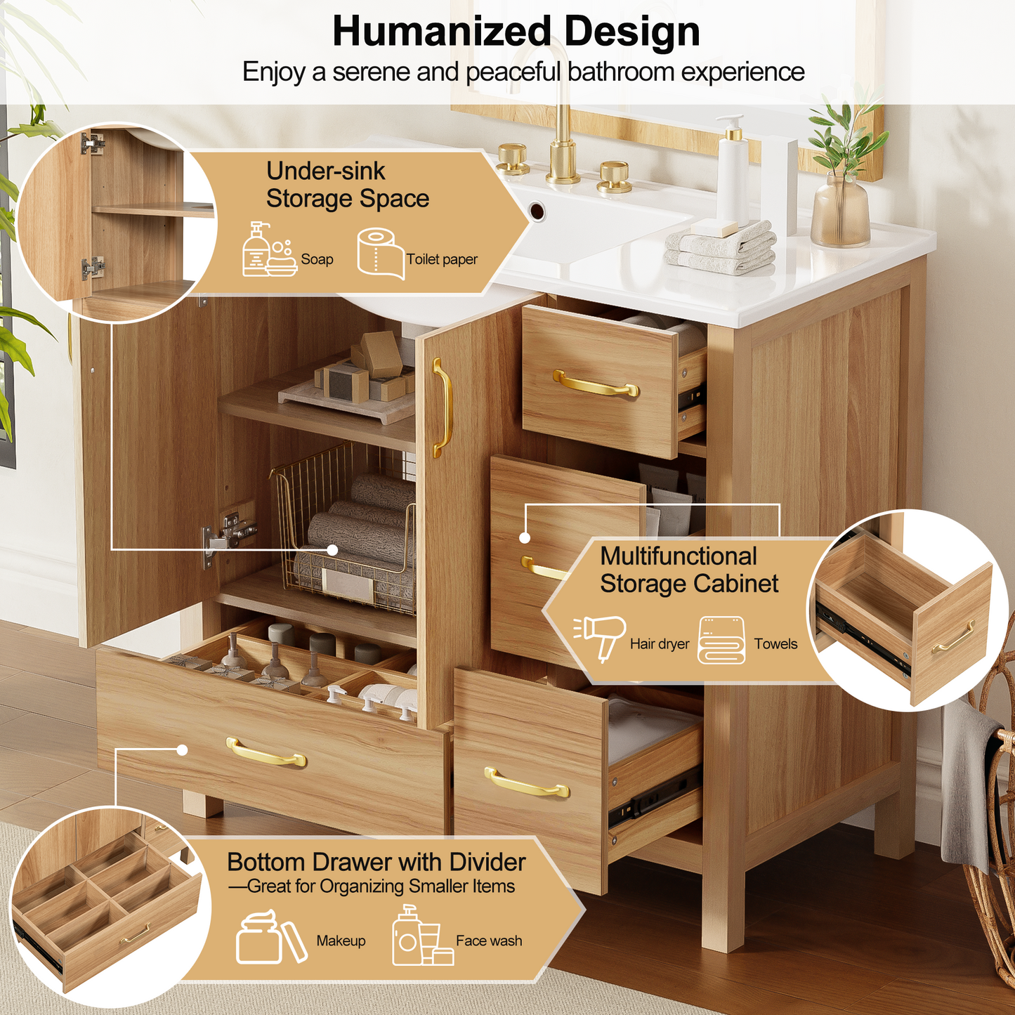 36 Wood Bathroom Vanity With Solid Wood Frame, 2 Soft Close Doors, 4Soft Close Drawers, Adjustable Shelf, Modern Storage Cabinet