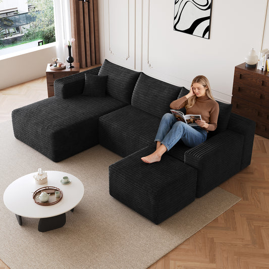 95 Cloud Sectional Sofa With 1 Ottoman,Modern Minimalist Upholstered Couches, Comfort U Shaped Sofa For Living Room,Deep Seat Corner Couch,No Assembly Required,Black Plush Corduroy Fabric